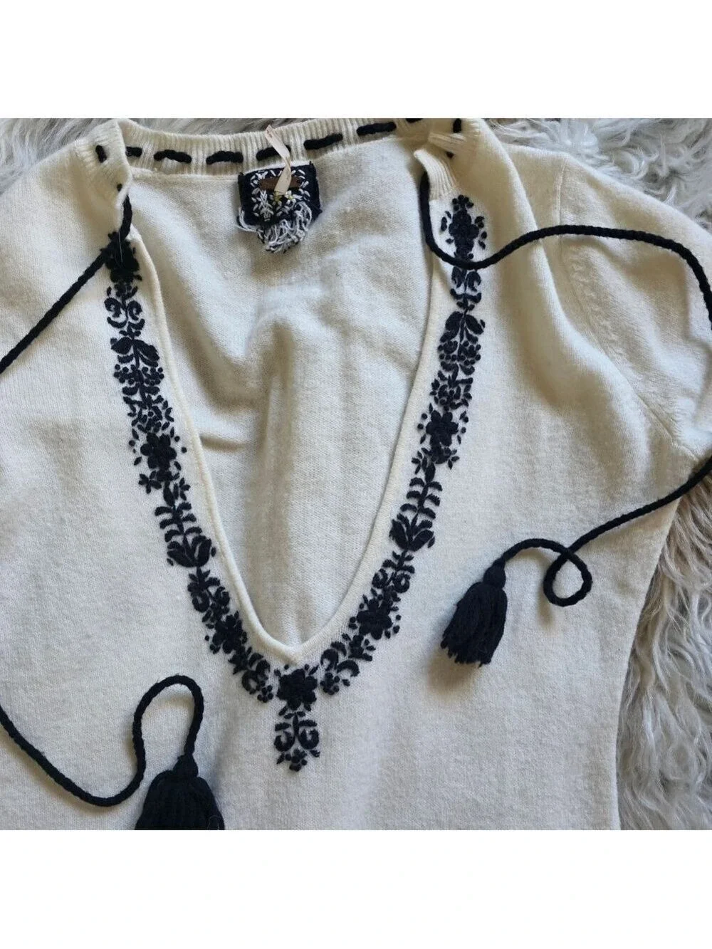Free People Cream V Neck Sweater Black Embroidered Tassels